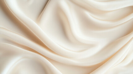 Fototapeta premium Luxurious cream silk fabric draped elegantly, showcasing smooth, flowing textures and soft sheen. Perfect for fashion, upholstery, or elegant decor