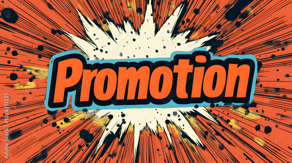Poster promotion text in a comic book style font with a dynamic background pattern