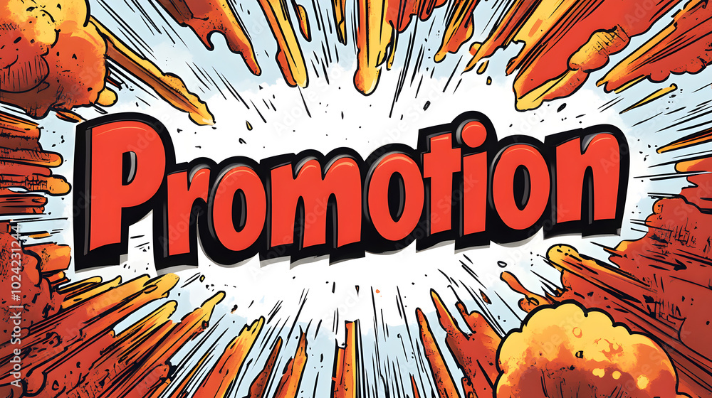 Poster promotion text in a comic book style font with a dynamic background pattern