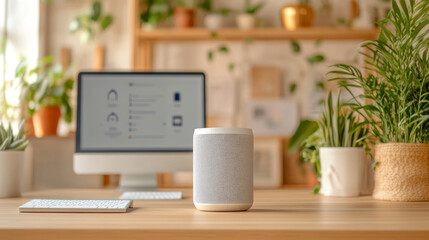 A modern smart speaker sits on wooden desk, surrounded by lush green plants and computer in bright, cozy workspace. atmosphere is inviting and tech savvy