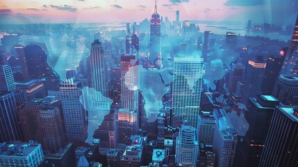 Multi-exposure of abstract digital world map hologram overlaying New York City skyscrapers, representing global research and analytics concepts