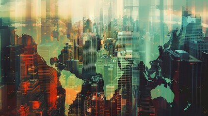 Multi-exposure of abstract digital world map hologram overlaying New York City skyscrapers, representing global research and analytics concepts