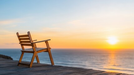 Wooden chair overlooking sea at sunset, perfect for relaxation and contemplation.