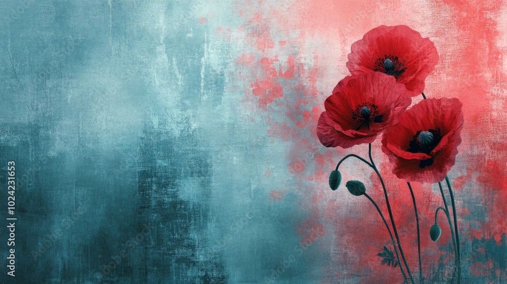 Aufkleber abstract color patterns of muted blues and reds with subtle poppy imagery in the background.