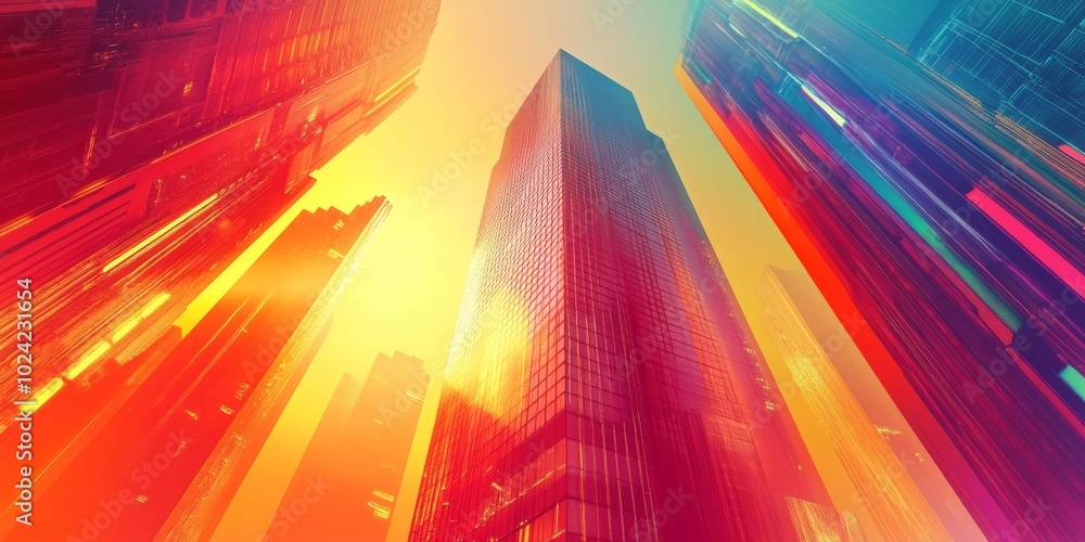 Poster abstract color scene showcasing a futuristic skyscraper, set against dynamic neon lights and geometr