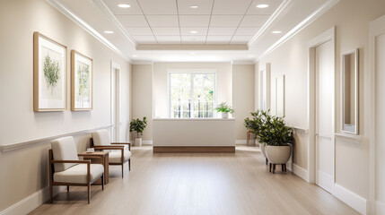 Fototapeta premium A bright and inviting hallway features modern decor with wooden chairs, plants, and large windows, creating serene atmosphere. neutral color palette enhances calming environment