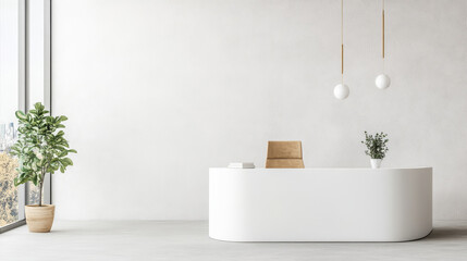 A modern office reception area featuring sleek white desk, stylish chair, and decorative plants. bright space is enhanced by natural light streaming through large windows, creating welcoming atmospher