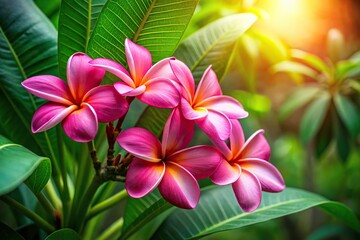 Fototapeta premium Tropical pink flowers on green background