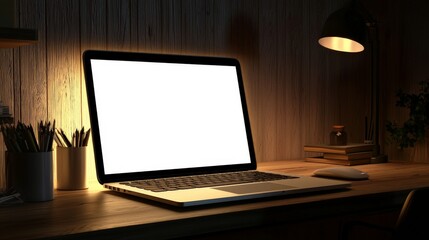 a workspace with a laptop with an empty blank screen - technology mockup of a computer