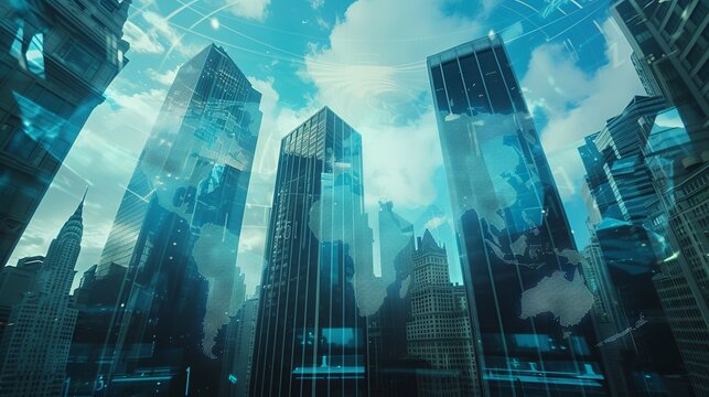 Multi-exposure of abstract digital world map hologram overlaying New York City skyscrapers, representing global research and analytics concepts - Powered by Adobe
