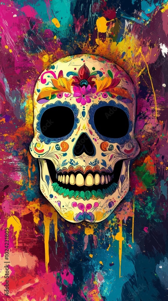 Poster a vivid and detailed sugar skull adorned with intricate patterns, set against a dynamic and colorful