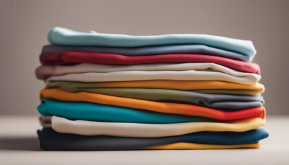 A neatly folded stack of vibrant cotton t-shirts in various colors against a neutral background.