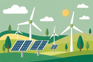 wind turbine and panels in a green landscape vector design 
