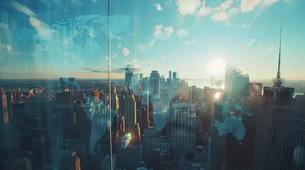 Multi-exposure of abstract digital world map hologram overlaying New York City skyscrapers, representing global research and analytics concepts