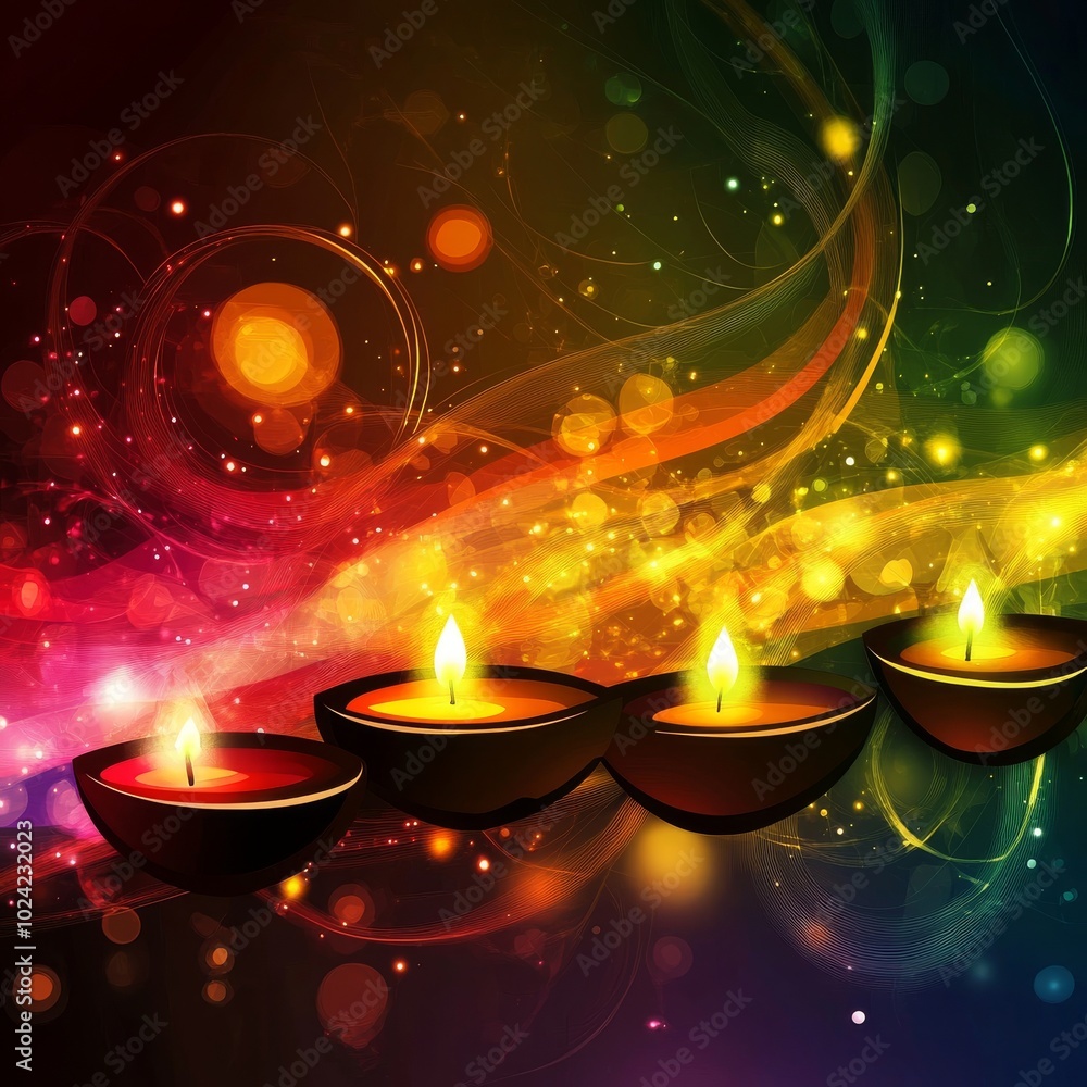 Poster a colorful background with a series of candles in different sizes. the candles are lit and are arran