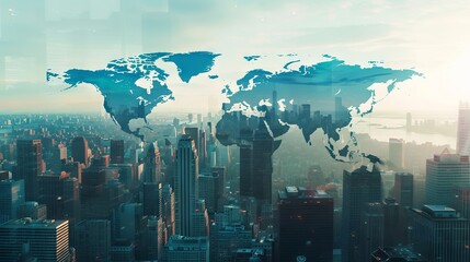 Multi-exposure of abstract digital world map hologram overlaying New York City skyscrapers, representing global research and analytics concepts