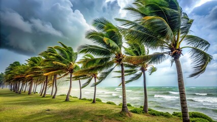 Fototapeta premium Tropical storm with heavy wind and palm trees bending