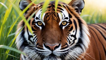 A tiger's face seen closely through dense grass.