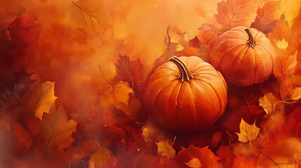 Naklejka premium Two pumpkins are on a leafy orange background. Scene is warm and inviting, with the bright colors of the pumpkins and leaves creating a sense of autumn