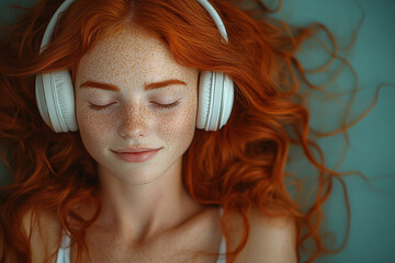 A red-haired woman with a serene and joyful expression is relaxed while listening to music with her headphones. The image exudes a calm and peaceful atmosphere.