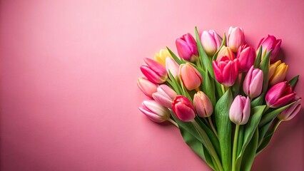 Obraz premium tulips bouquet on pink background with copyspace Aerial