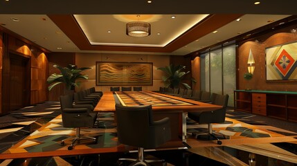 Spacious, modern conference room with large windows, sleek furniture, and digital presentation screen.