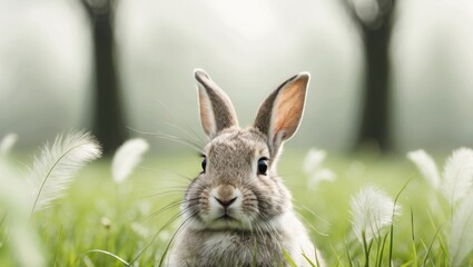 Fototapeta premium A tight shot of a rabbit amidst a field of grass Background lightly blurred with trees silhouetted beyond.