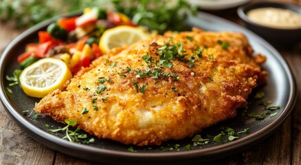 Crispy breaded fish fillet with lemon and vegetable sides