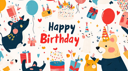 Obraz premium Whimsical Birthday Celebration With Cartoon Animals And Festive Decor