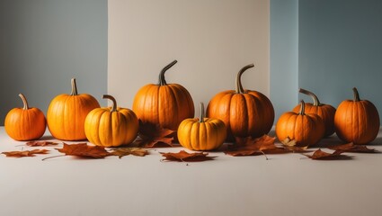 Autumn Background with Pumpkins and Leaves.