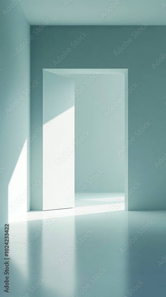 Poster a large open door in a white room with a bright light shining through it. the room is empty and the 
