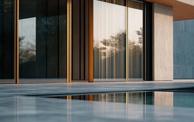 Fototapeta premium Close-up of the glass sliding doors, emphasizing the sleek lines and texture of the wooden frame. This shot captures the reflective quality of the glass