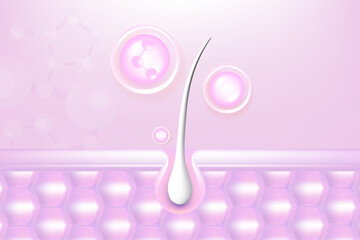 Hyaluronic acid and Niacinamide gray hair and skin solutions ad, pink collagen serum drops into skin cell with cosmetic advertising background ready to use, illustration vector.