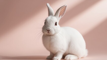 Obraz premium Adorable White Rabbit Posing on Pink Background.