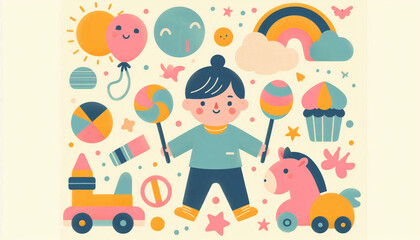 Playful child surrounded by colorful toys and balloons in a whimsical design