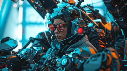 Futuristic Cyborg Pilot in Advanced Mech Suit