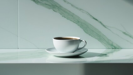 Obraz premium a cup of black coffee on a green marble background.