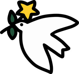 Icons drawn with bold black lines, white doves flying with flowers, symbols of purity and the Holy Spirit, and religious concepts.