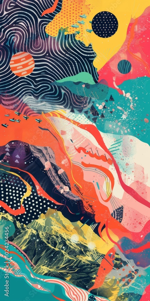 Poster abstract lofi scene with bold color patterns.