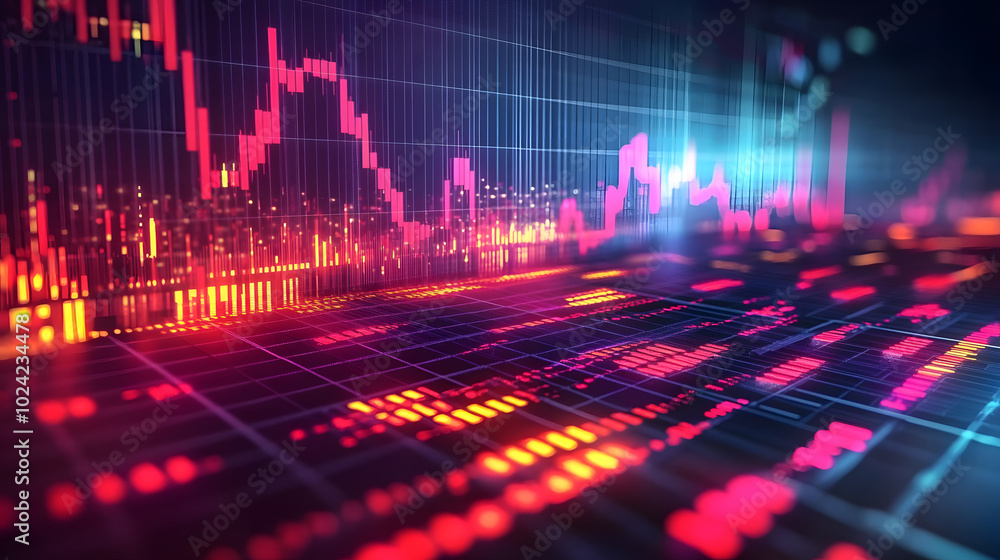 Poster dynamic digital backdrop representing stock market trends with upward and downward arrows intricate 