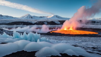 Flowing lava contrasts with icy landscape in a dramatic volcanic environment.