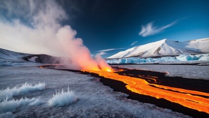 Flowing lava contrasts with icy landscape in a dramatic volcanic environment.