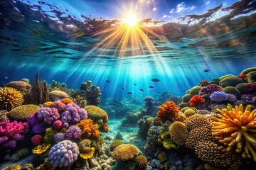 Obraz premium Underwater coral reef scene with tropical fish swimming in silhouette