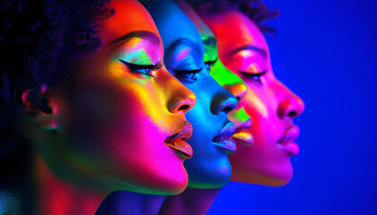 Fototapeta premium Photograph people illuminated by colorful gel lighting, casting dramatic, multi-toned highlights on their faces and creating a futuristic, vibrant look