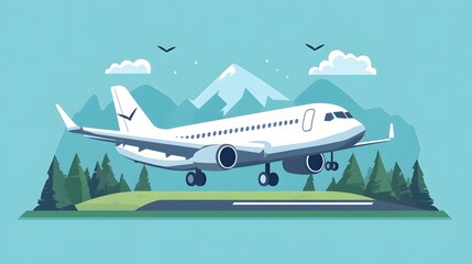 Fototapeta premium Airplane Landing on Runway with Mountain View