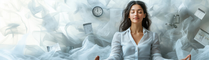 Meditation, calm, woman, time, serenity, surrounded by soft fabric