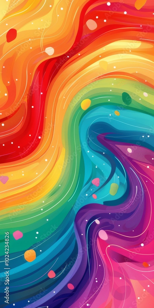Poster A colorful rainbow with a lot of swirls and dots. The swirls and dots are in different colors and sizes. The rainbow is very vibrant and lively