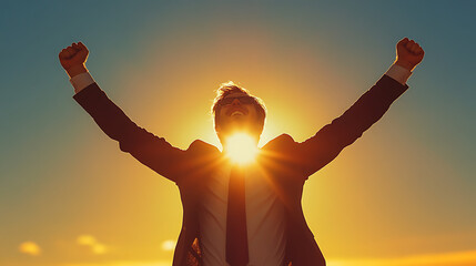 Fototapeta premium A man in a suit is celebrating with his hands raised in the air