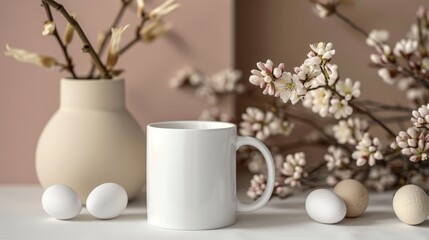 White coffee mug with neutral spring decor and eggs