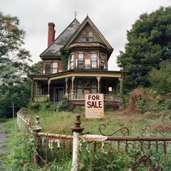 Abandoned Victorian house with for sale sign